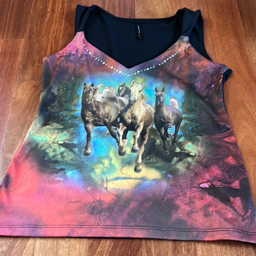 Horse Top sleeveless with sparkles at neck line